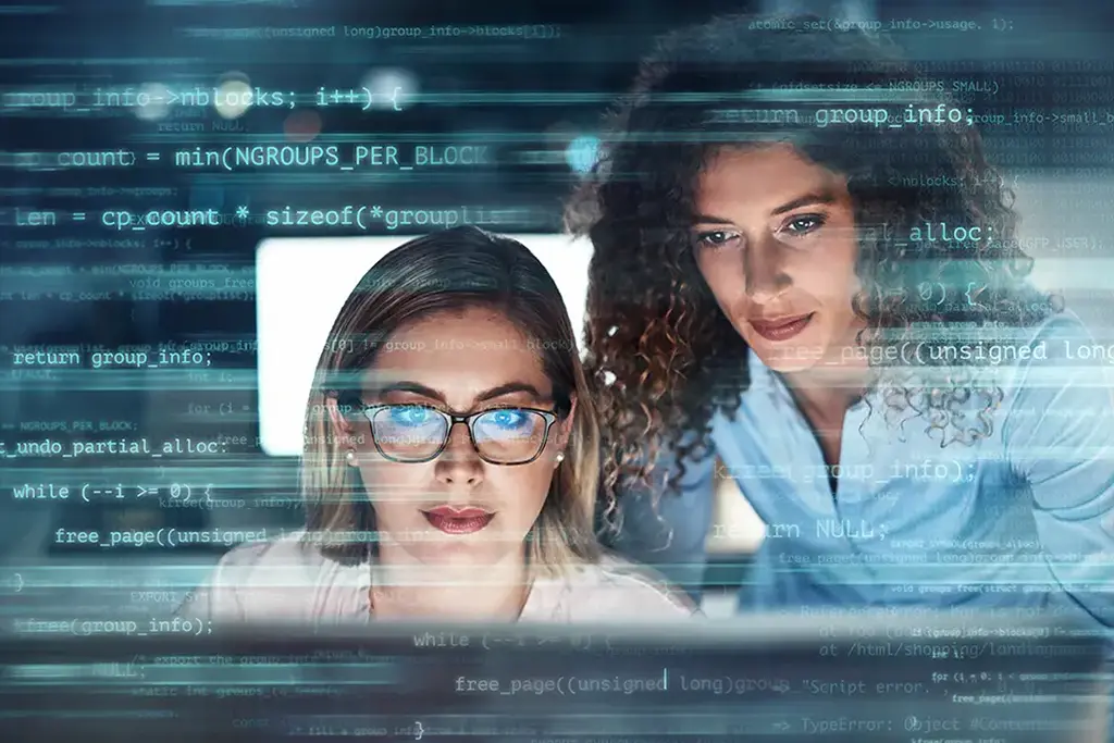 Alpha3 Cloud business continuity header image of two women looking at code